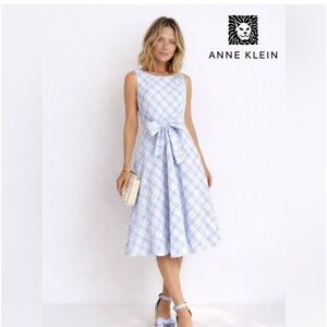 Anne Klein Blue Plaid Fit-and-Flare Midi Seersucker Dress